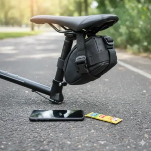 A small, compact bicycle saddle pouch positioned next to a smartphone to illustrate its convenient and minimal size under the bike seat.