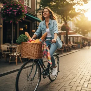 Person riding a bike with a full front bike basket containing fresh market groceries.