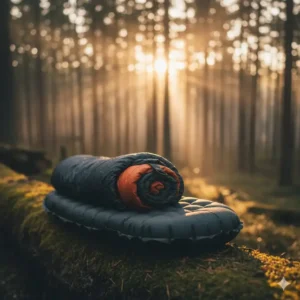 A highly insulated, deflated air sleeping pad and a warm, compressible sleeping bag—essential for comfortable motorcycle camping.