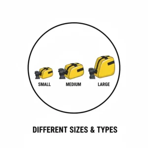 Comparison chart showing three different sizes of **top tube bags** (small, medium, and large) to suit various cyclist needs.