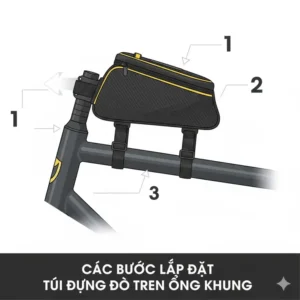 Diagram demonstrating how to install a top tube bike bag using hook-and-loop straps.