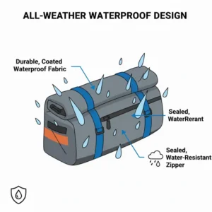 Icon showing the durable waterproof material and sealed zippers of the seat bike bag.