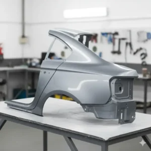 Brand new, unpainted replacement back fender lying on a surface, ready for installation.