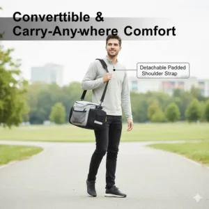 Detail shot of the reflective piping and safety light loops on the back of the **bicycle rear rack bag**.