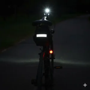 Rear view of the bicycle saddle pouch in low light, showing the bright reflective strip for improved nighttime visibility and safety.