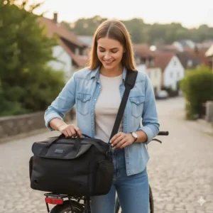 Portable bicycle trunk bag, detached from the rack and being carried easily with the included shoulder strap.