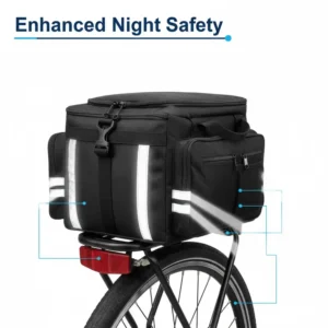 Rear view of the bike trunk bag with bright reflective strips for enhanced visibility and safety in low light conditions.