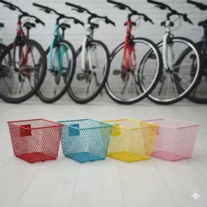 A collection of small, colorful front bike baskets in red, blue, and green.