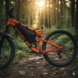 A sturdy bike frame bag designed for a full-suspension mountain bike, distributing weight evenly for trail riding.