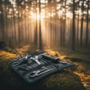 An essential set of tools and a tire repair kit specifically sized for inclusion in a rider’s motorcycle camping gear loadout.