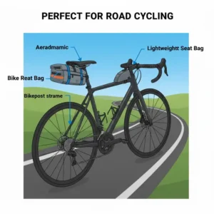 Image of a sleek black seat bike bag securely fitted onto a road bicycle.