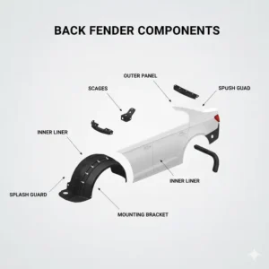 Exploded view diagram illustrating the different components that make up a typical back fender assembly, including the inner liner.