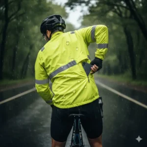 Macro shot of water beading and rolling off the DWR treated fabric of the cycling rain jacket.