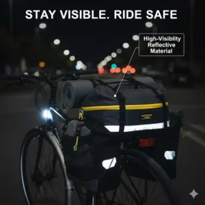 A full set showing the main **bicycle rear rack bag** combined with compatible side panniers for maximum storage.