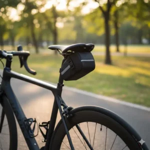 A sleek, aerodynamic road bike bicycle saddle pouch mounted neatly under the seat of a bicycle.
