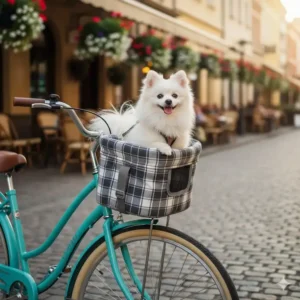 Padded pet carrier designed as a secure front bike basket for a small dog.