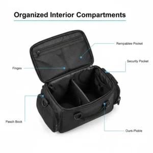 Clear view of the interior of the bike trunk bag detailing multiple zippered pockets and internal dividers for organization.