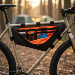 View inside a frame bag with bright lining and multiple internal pockets for organized storage of small items and tools.