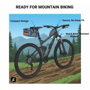 Illustration of a compact mountain bike seat bike bag attached to a dirt bike.