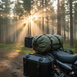 A view of a rugged, waterproof dry bag securely strapped down, protecting vital motorcycle camping gear from rain and dust.