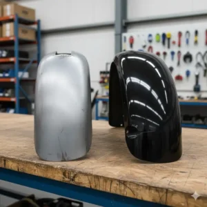 Comparison image showing a steel back fender next to a plastic composite fender for different vehicle types.