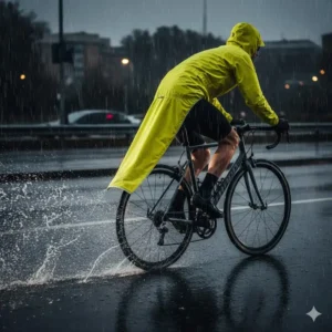 Side profile showing the extended drop tail of the cycling rain jacket designed to protect the lower back from wheel spray.