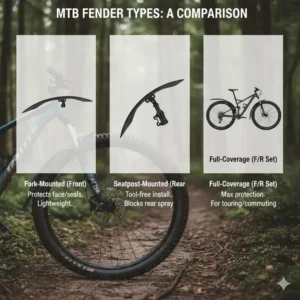 A comparison chart displaying three different types of mtb fenders (fork-mounted, seat-post mounted, and full coverage) for various riding styles.