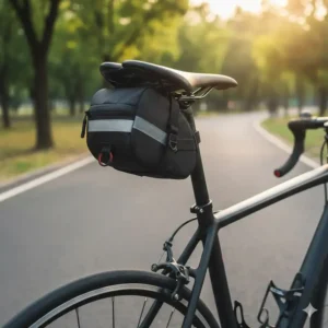 Side view of an under-seat bicycle saddle pouch designed to keep small essentials secured and out of the way while cycling.