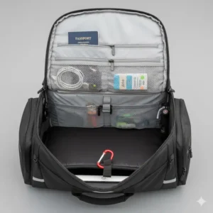 Inside view of the bicycle trunk bag featuring internal mesh pockets and dividers for keeping gear and essentials organized.