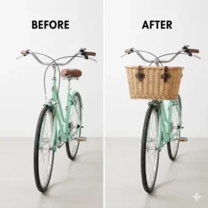 Comparison photo showing a plain bicycle (before) and the same bike with a new front bike basket attached (after).