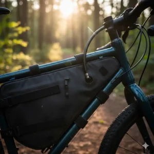 Close-up of the front port on a frame bag, designed for easy routing of a hydration hose or electronics charging cable.