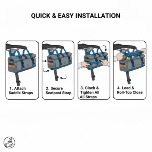Visual guide demonstrating the quick installation process for the seat bike bag.