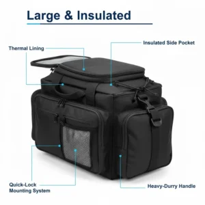 Black, insulated large bike trunk bag ideal for carrying groceries or keeping food cold during a ride.