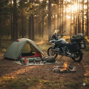 A durable GPS unit mounted on the handlebars and a portable power bank, useful accessories for any motorcycle camping trip.