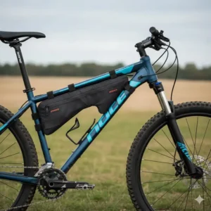 Rugged top tube bike bag attached to a mountain bike for off-road trail riding.