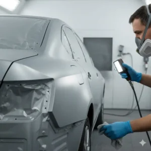 Auto body professional prepping a newly installed or repaired back fender that has been treated with primer before the final paint application.