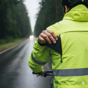 Cyclist accessing a secure, waterproof zippered rear pocket on the cycling rain jacket while riding.