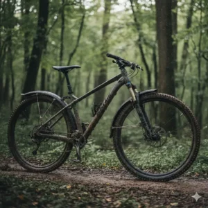 Action shot of a mountain biker riding through a mud puddle, demonstrating how effective mtb fenders are at blocking water and debris.