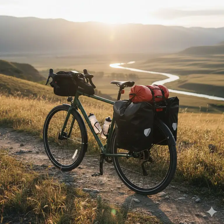 A touring bicycle showing a securely mounted bike rack bike bag attached to the rear carrier, packed for a long trip.