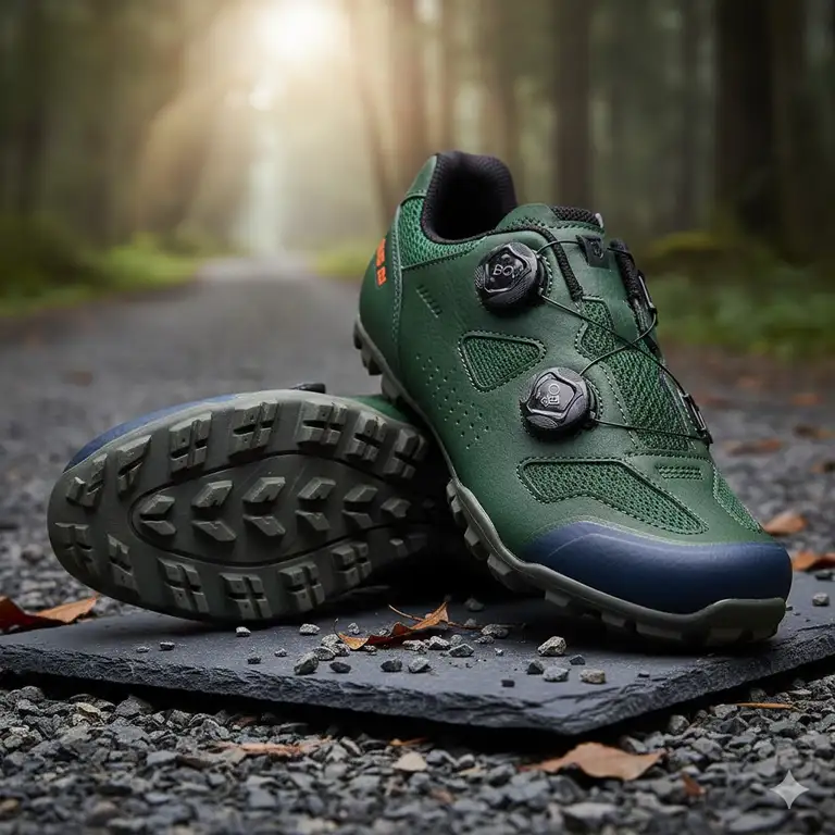 A close-up shot of the best, high-performance gravel cycling shoes, highlighting the rugged tread and dual-dial closure system.