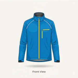 Close-up front view of a waterproof and breathable bicycle rain jacket, highlighting the zippered chest pocket and main waterproof zipper closure.