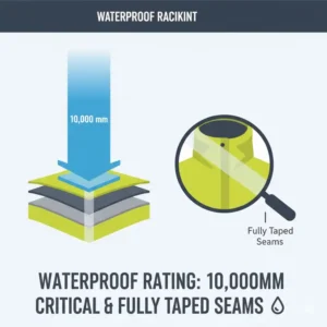 Diagram explaining the waterproof rating and taped seams of a high-performance bike rain jacket.