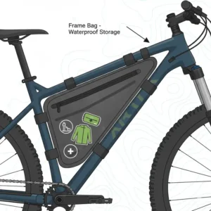 A detailed view of a frame-mounted mountain bike bag installed on a carbon fiber bike.