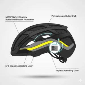 Detailed technical drawing of the MIPS safety system inside a gravel bike helmet.