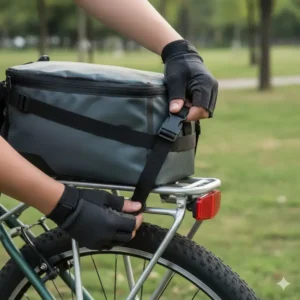 Close-up showing the secure strap-on system for a bike back rack bag on a bike.