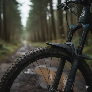 Close-up view of a high-quality, flexible mtb mudguard fork protector securely zip-tied above the tire to deflect mud and debris on a downhill bike.