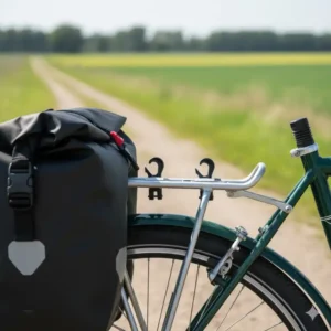 A close-up showing a large, waterproof pannier bag securely clipped onto a bike rack bike bag mounting system.