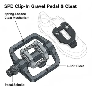 Diagram of an SPD clip-in mechanism and the two-bolt cleat for gravel bike pedals.