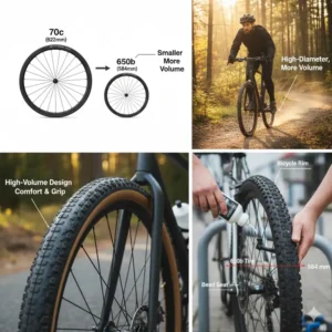 Comparison chart showing the smaller diameter of 650b tires compared to 700c wheels.