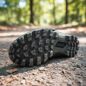 Detailed view of the rugged outsole tread on gravel cycling shoes for excellent grip on loose terrain.
